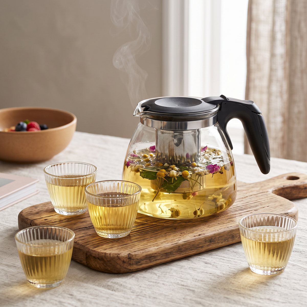 Tetera de vidrio con infusor y té de hierbas reposando en mesa con luz de mañana