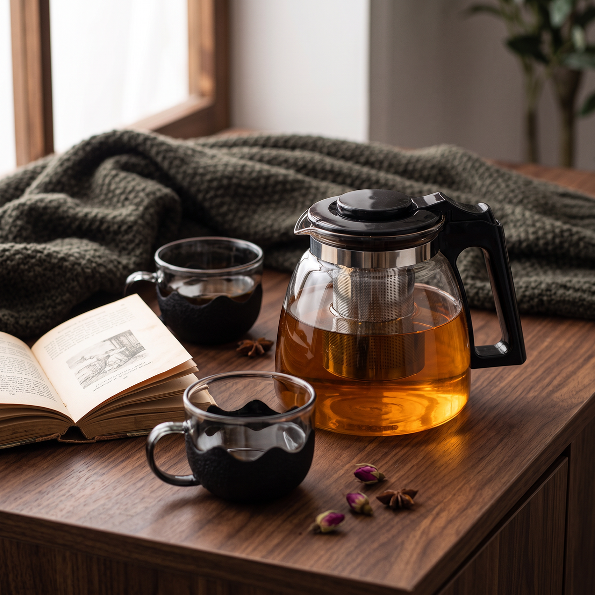 Tetera de vidrio con infusor y tazas en rincón de té con libro y manta
