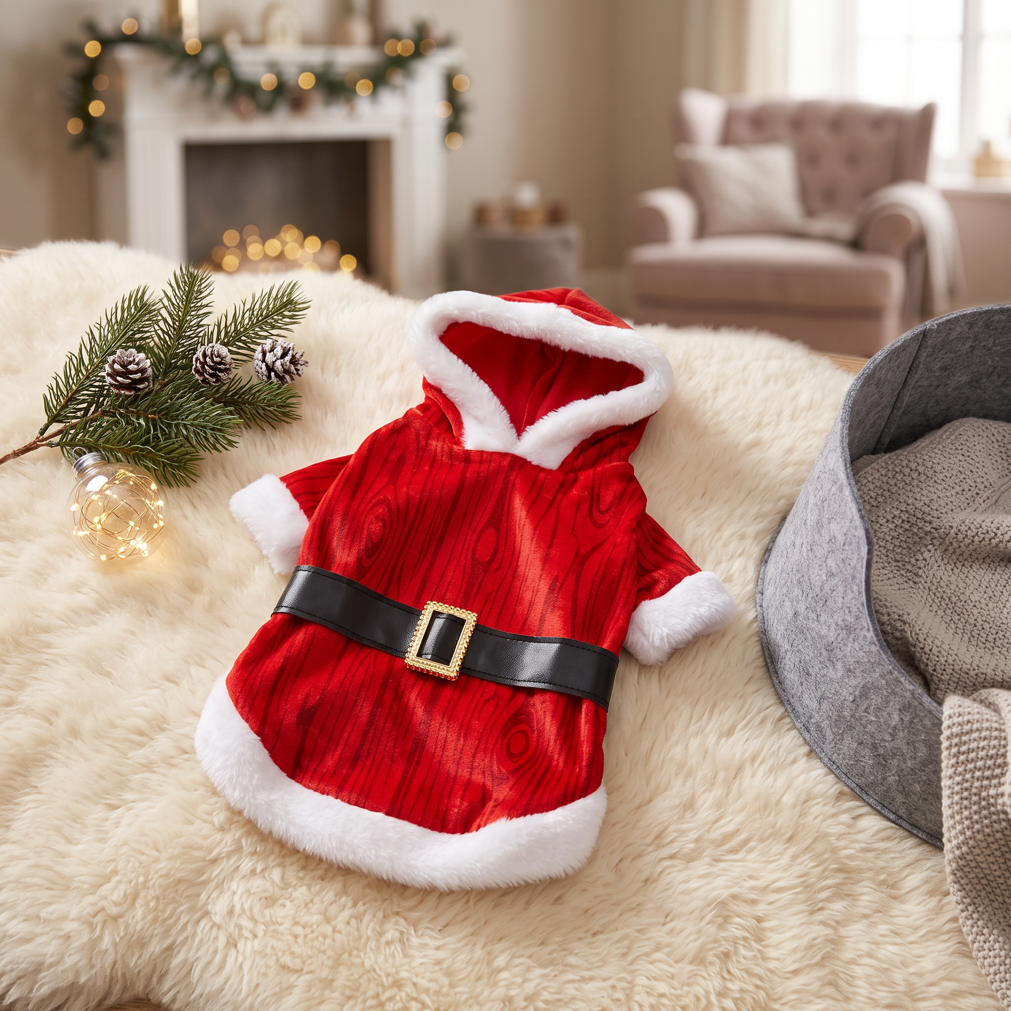 Ropa de mascota pascuero talla grande sobre alfombra junto a cama de mascota